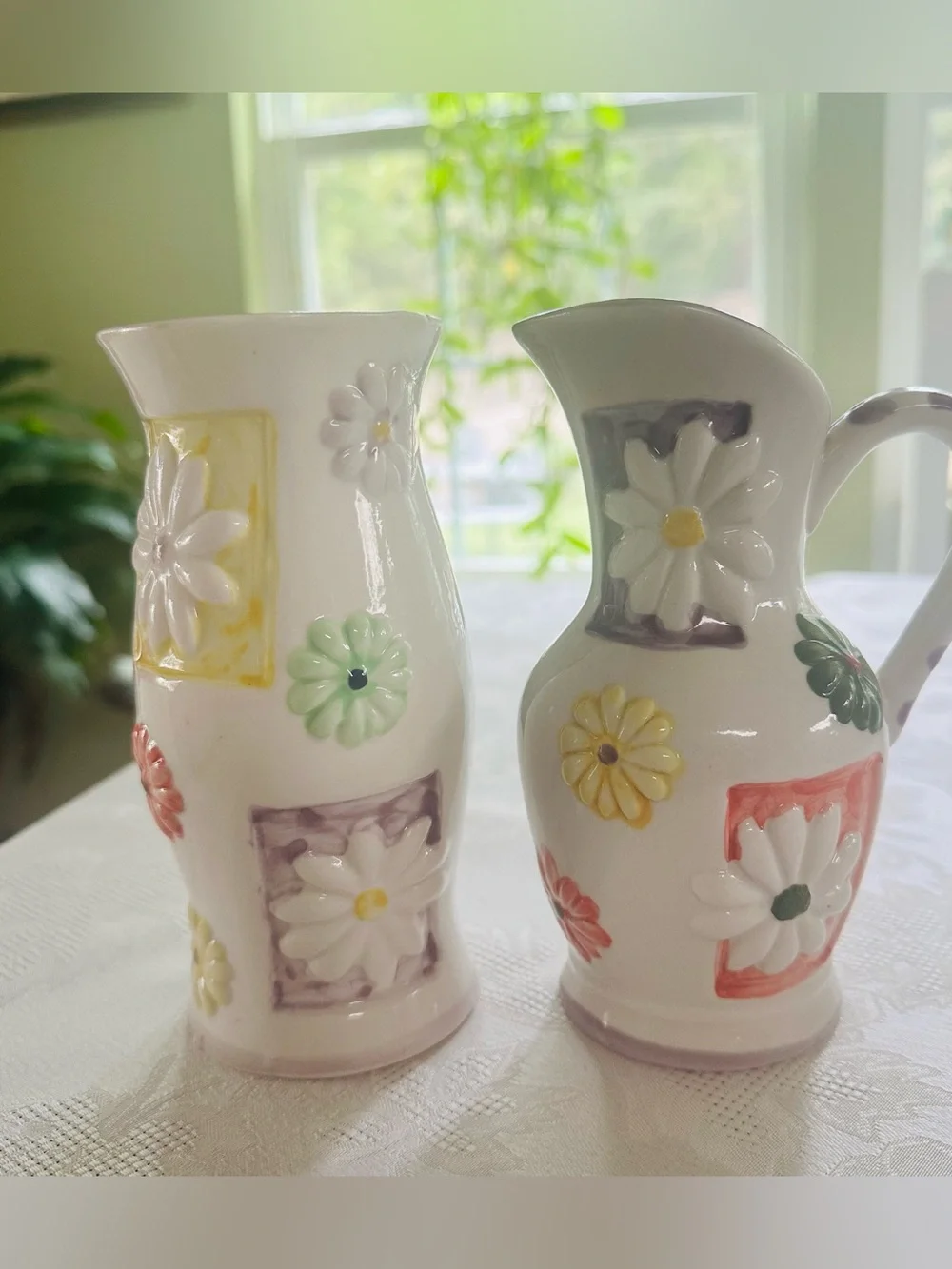 Retro MCM Hand-Painted Raised Daisy Floral Wall Planters - Set of 2